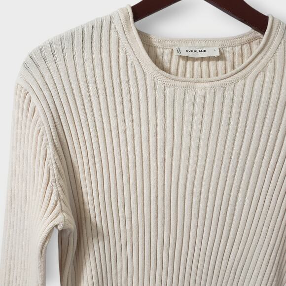 Everlane The Cotton Rib Crew Sweater Organic Ivory Cream Sz L Minimalist Neutral - Picture 2 of 12